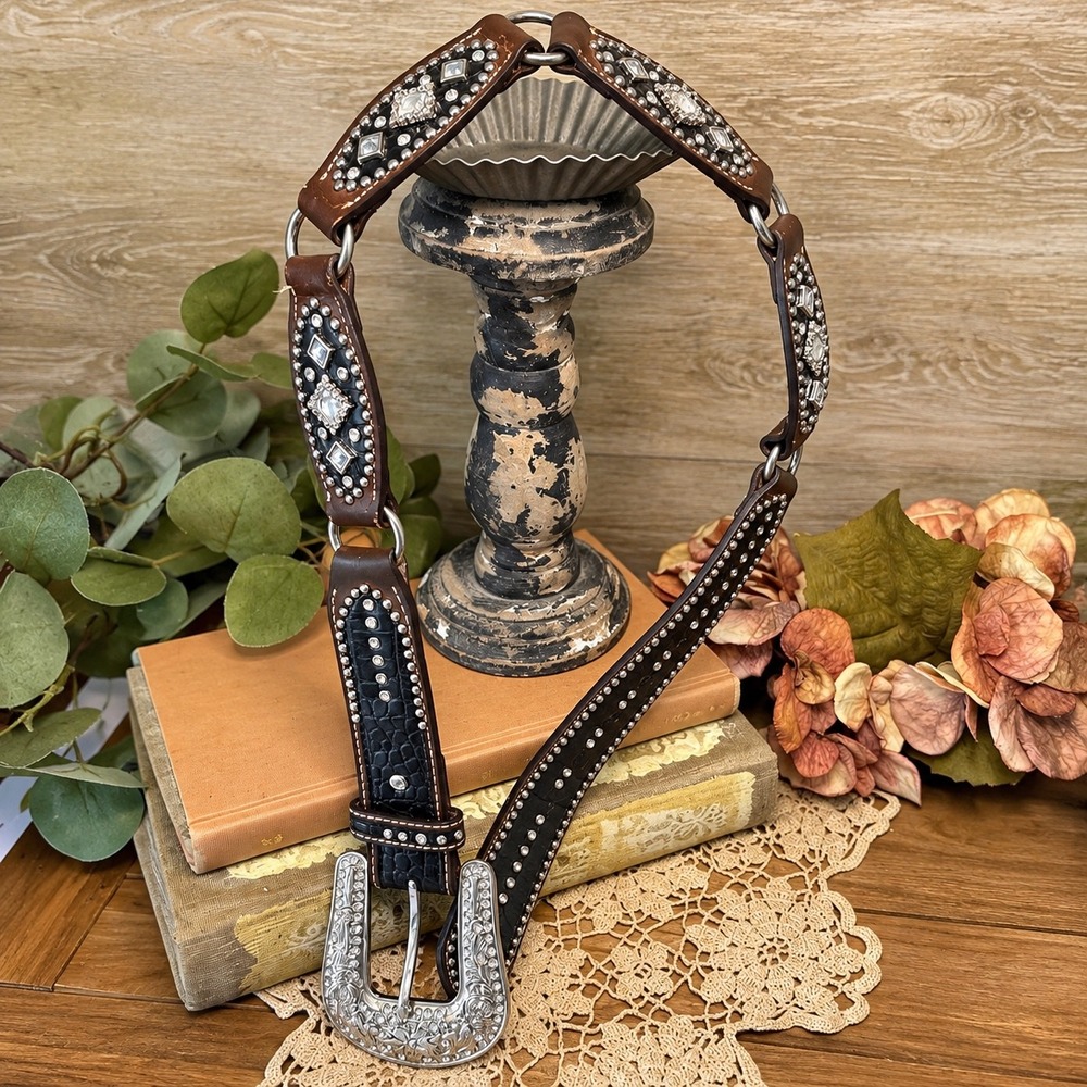 Nocona Belt Co Womens Brown Black Leather Rhinestone Studded Western Belt Small